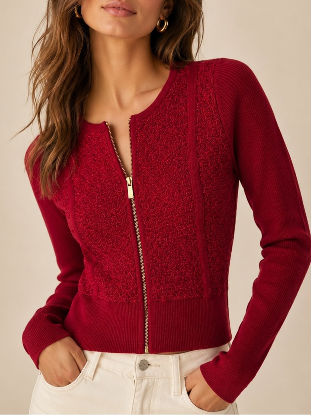 Cache Zip Front Knit Cardigan Size S Burgundy Red Ribbed Sweater Weather Fall